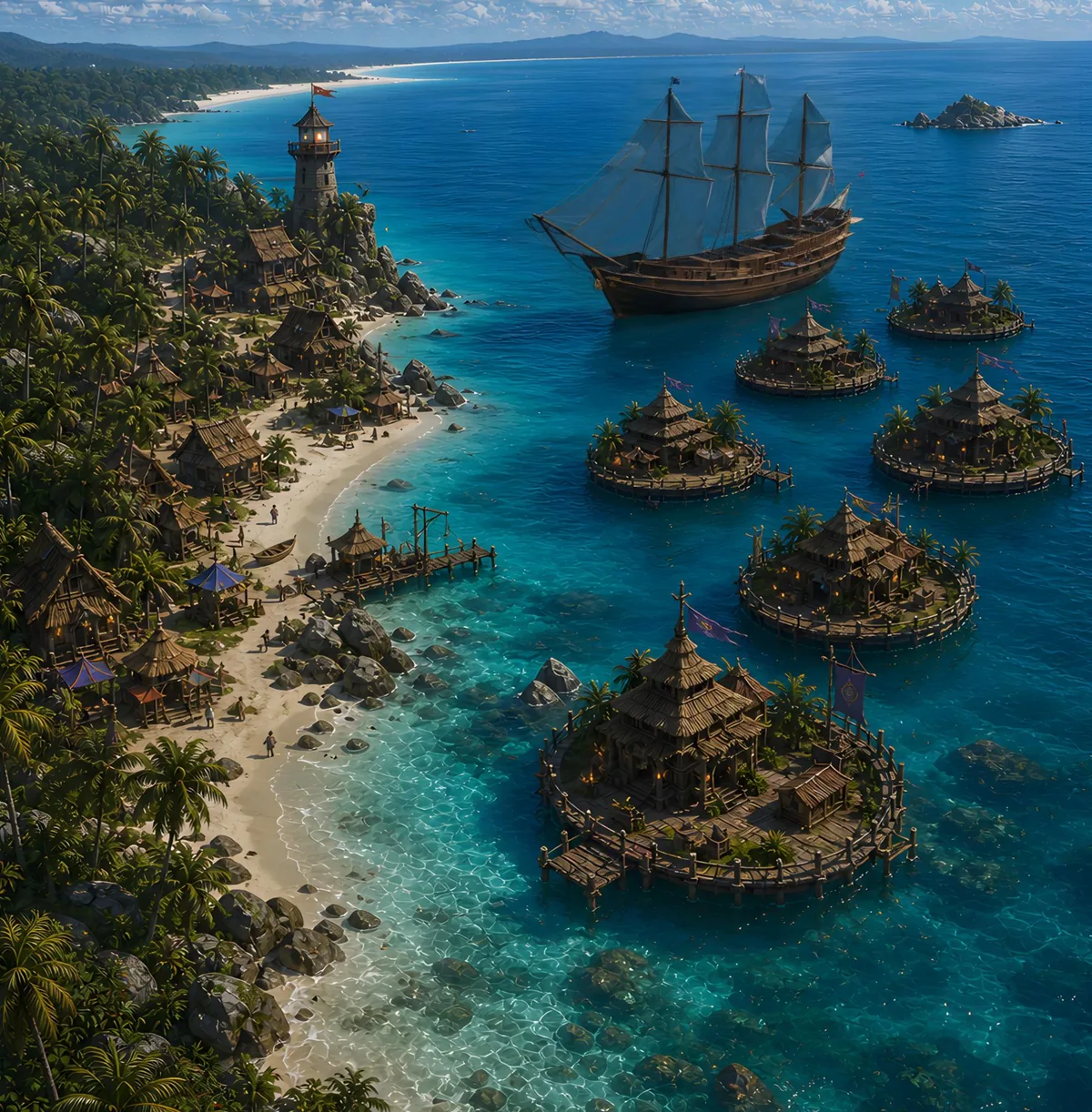 A tropical harbor city with round floating platforms and a sailing ship on turquoise water.