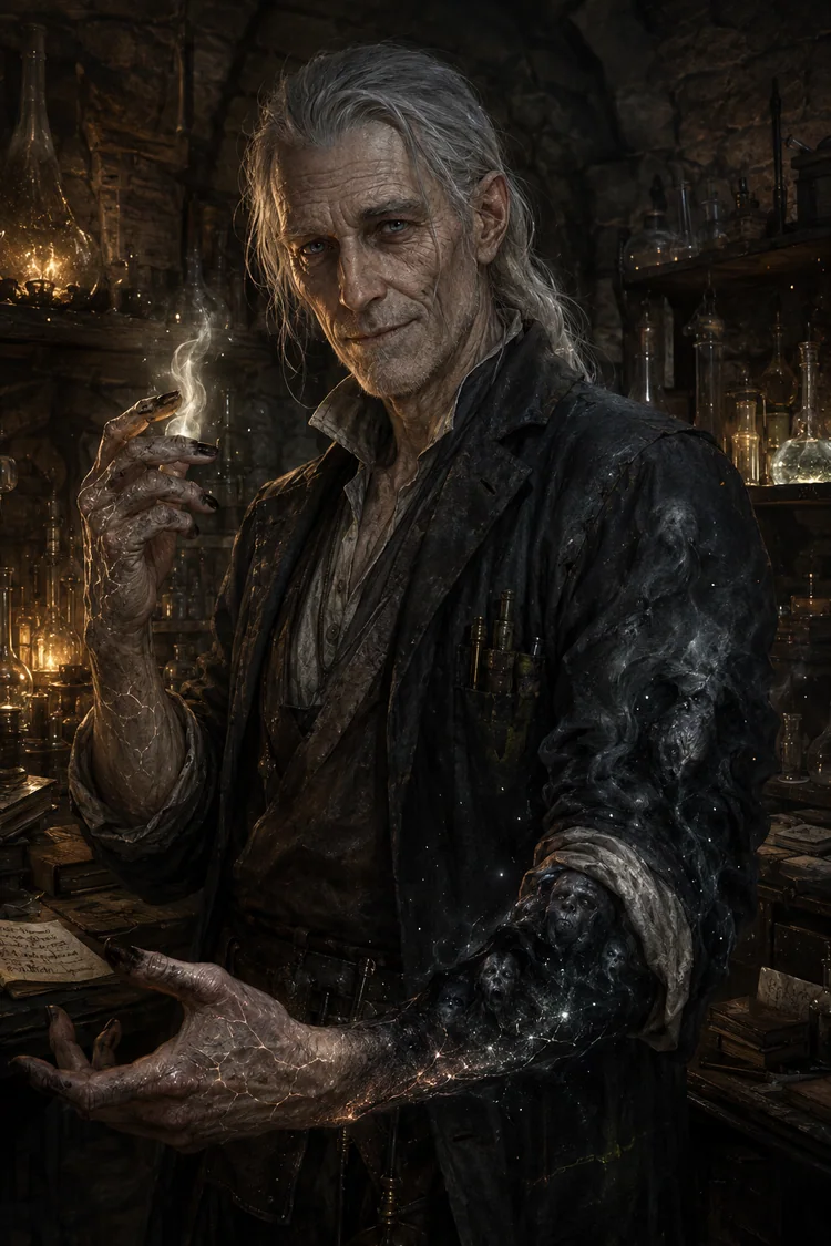 Orion Starshard, a gaunt pale-haired man whose dark sleeve swirls with trapped spectral faces.