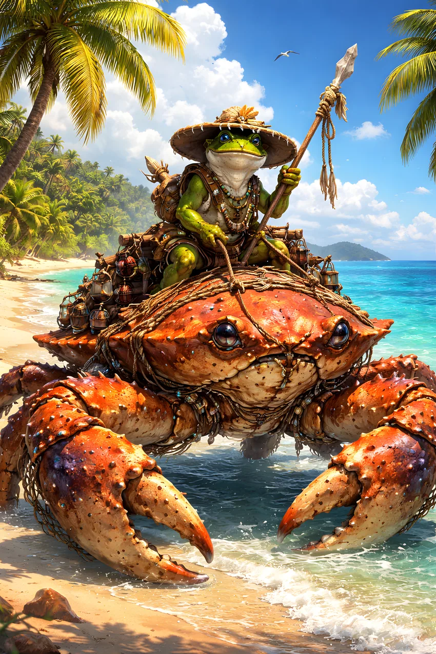 Felbrik, a Ribbet engineer wearing a straw hat and carrying a walking stick, rides a giant crab.