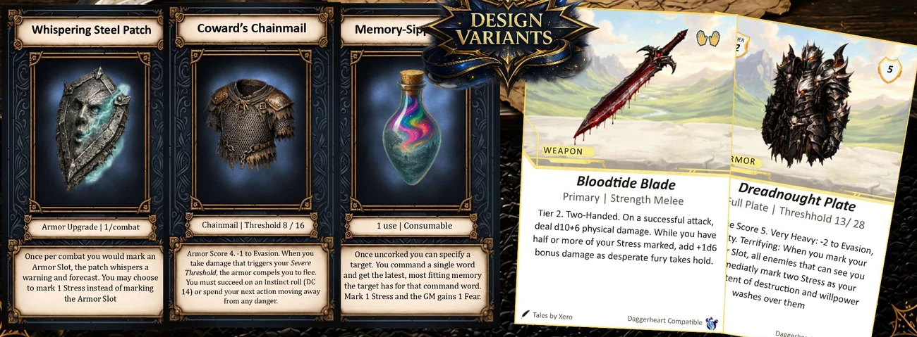Dark-frame cards for Whispering Steel Patch, Coward's Chainmail, and Memory-Sipping Vial beside lighter Bloodtide Blade and Dreadnought Plate cards.