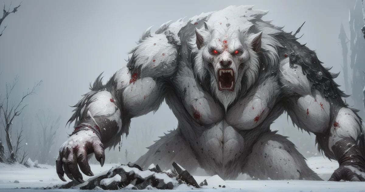 A massive white yeti with glowing red eyes and dark fungal corruption snarling in the snow.