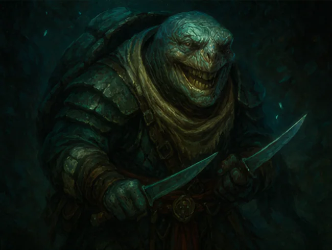 Malrik Klamm, a grinning tortle warrior holding two daggers in dark armor.