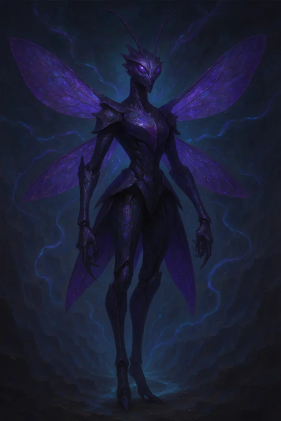 Zephyrine, a dark violet insectoid figure with glowing wings and arcane energy.